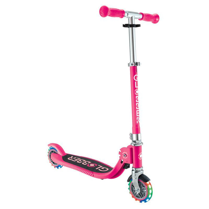 Pastel pink Globber FLOW FOLDABLE JUNIOR kids scooter with LED lights and adjustable T-bar