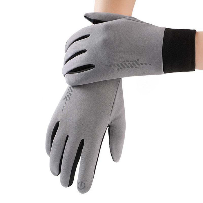 Grey windproof thermal sports gloves with touchscreen fingertips and anti-slip palm grip, size M