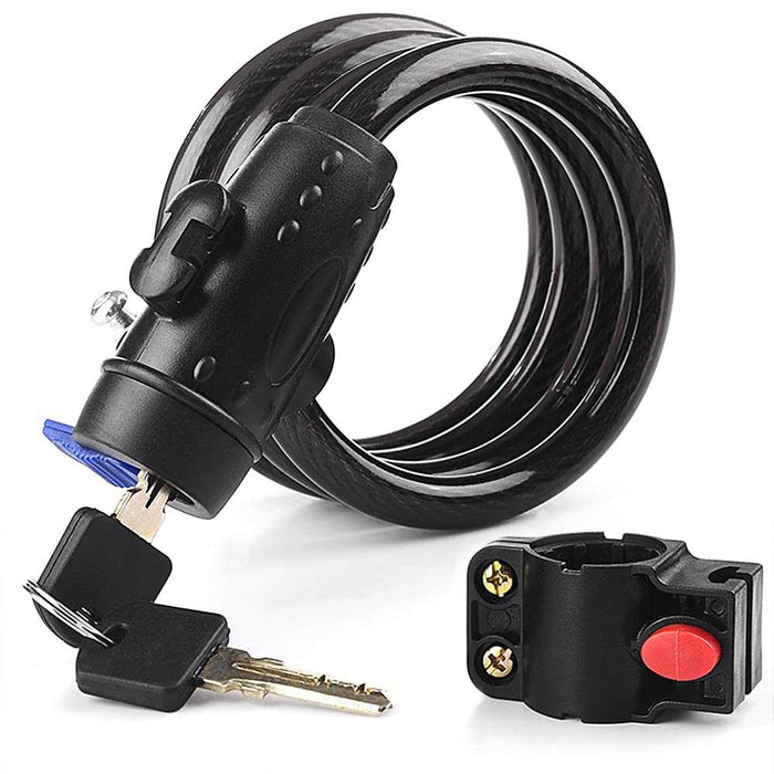 1.2m coiled bicycle lock with keys and mounting bracket, anti-cut, weatherproof cable lock