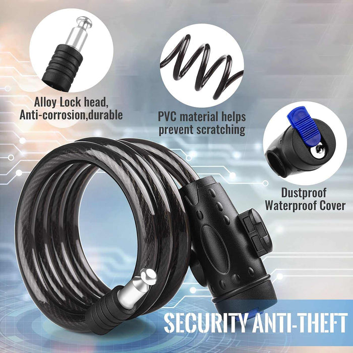 High-Security Coiled Bike Cable Lock 1.2m - 12mm Steel Cable