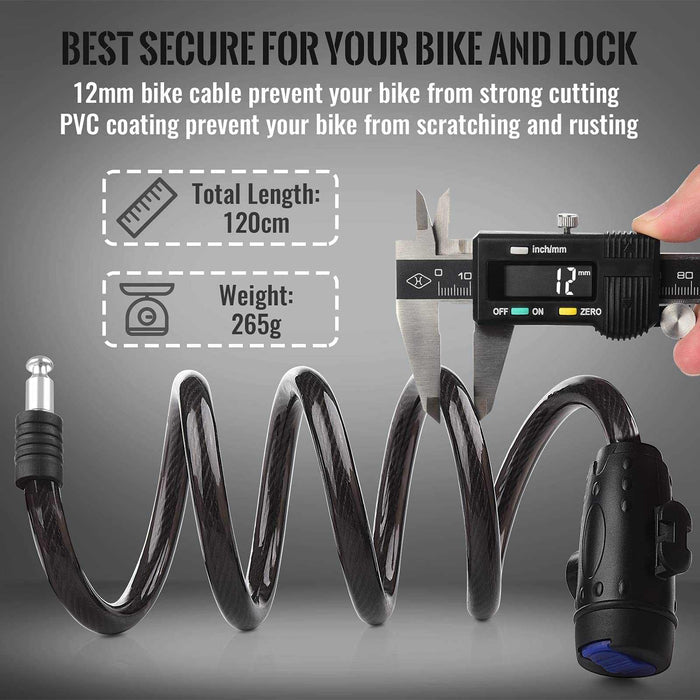 High-Security Coiled Bike Cable Lock 1.2m - 12mm Steel Cable