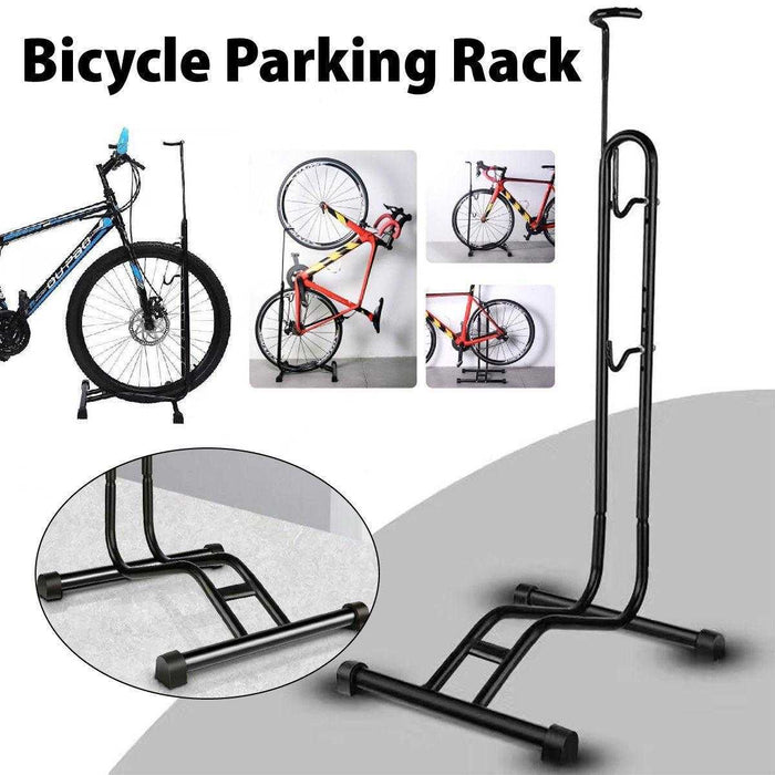 Black L-shaped mountain bicycle stand parking rack made of high-carbon steel with adjustable hooks and non-slip base