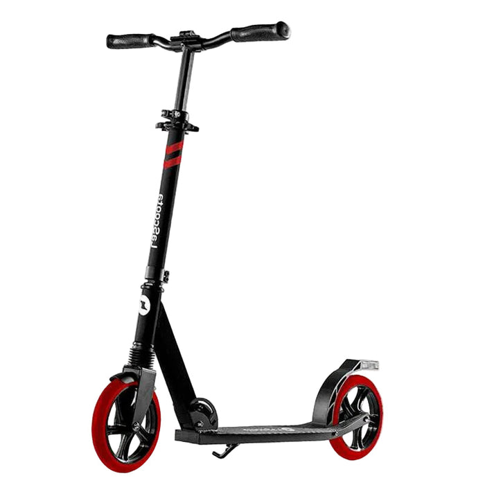 Lascoota Pulse folding urban commuter kick scooter in black with red wheels and adjustable handlebars