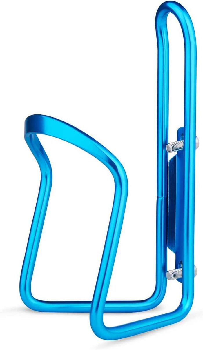 Blue lightweight aluminium water bottle cage for bicycles with mounting screws and hex wrench included