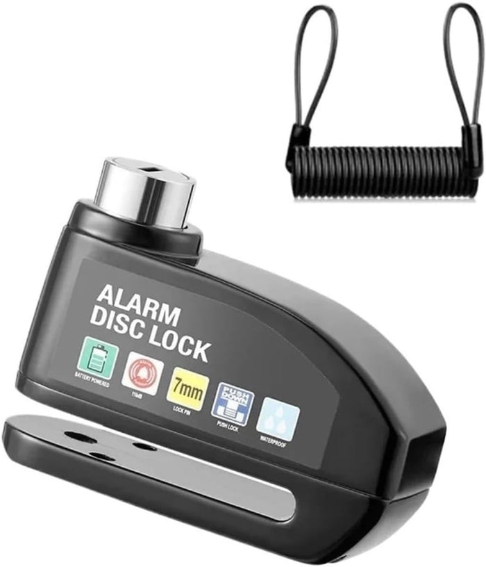 Motorcycle Disc Brake Lock with Alarm – 110dB Alarm, 7mm Locking Pin & Reminder Cable