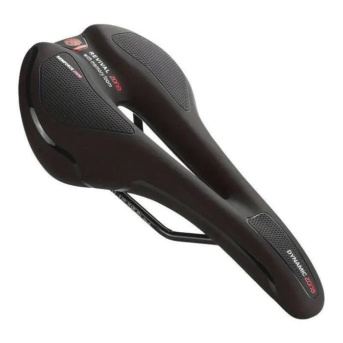 Red MTB saddle with hollow design and memory foam cushion for comfort and universal bike fit