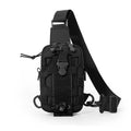 Black outdoor tactical sling bag with integrated water bottle holder and multiple storage pockets