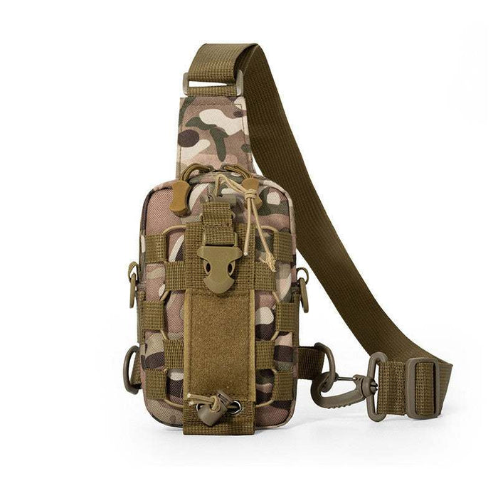 Camouflage multi-functional water bottle chest bag with ergonomic design and weather-resistant material