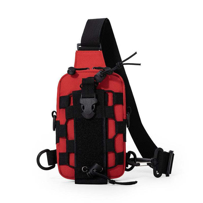 red outdoor tactical sling bag with water bottle holder and multi-pocket storage