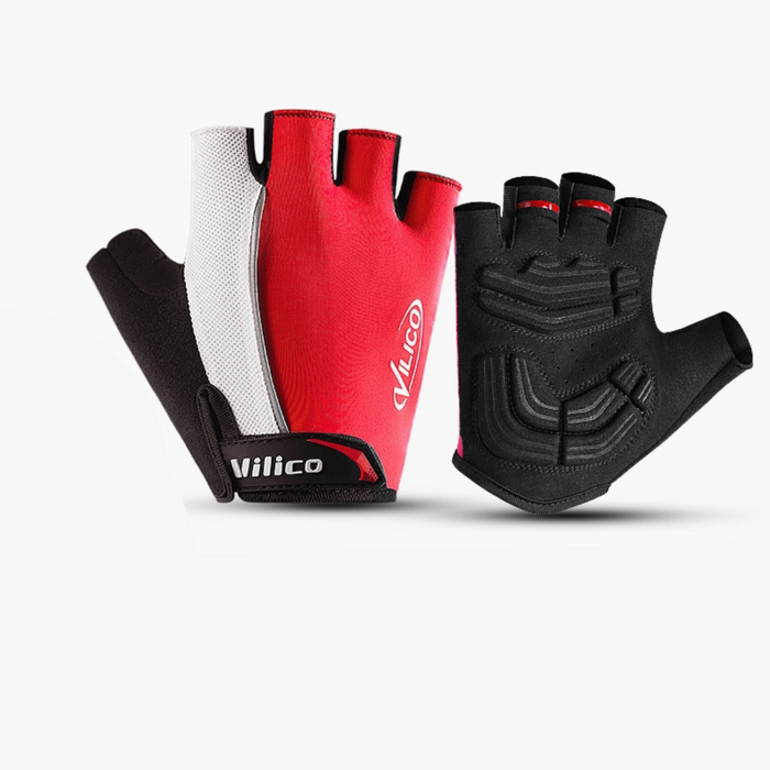 Size L red padded half-finger cycling gloves with adjustable wrist strap and breathable mesh back