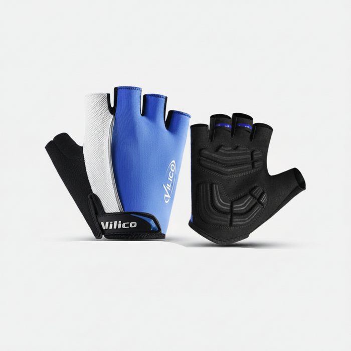 Size L blue padded half-finger bike riding gloves with adjustable wrist strap and breathable mesh back