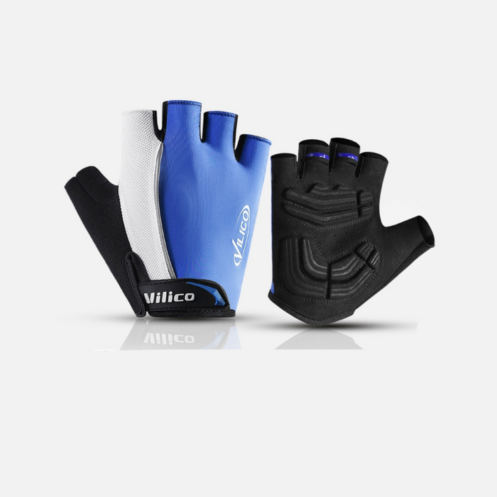 Size M blue padded half-finger bike riding gloves with shock absorption and breathable mesh back