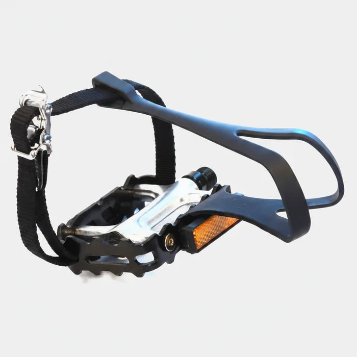 PEDALS 9/16" Sealed Bearings Alloy With Toe Clip/Strap - Silver/Black