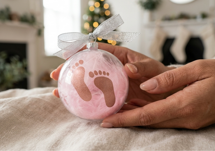 A clear round Christmas bauble ornament filled with pink feathers and a vinyl baby footprint design, held in hands over a beige blanket in a softly blurred living room setting.