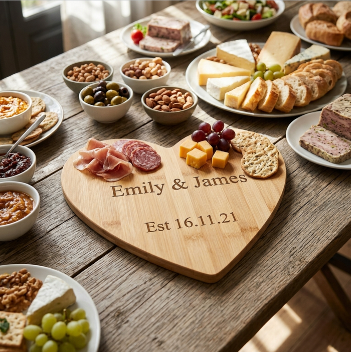A personalised heart-shaped wooden charcuterie board engraved with the names 'Emily & James' and 'Est 16.11.21. Made from bamboo and perfect as a wedding gift.