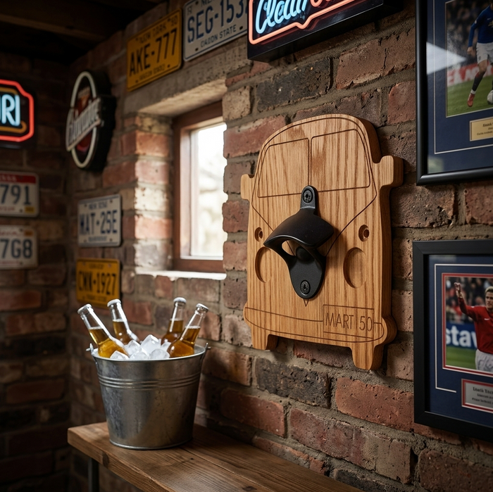 A personalised wooden wall-mounted bottle opener shaped like a camper van car, installed on a brick wall in a bar or man cave. A metal bucket with ice and beer bottles sits below on a wooden shelf, and framed signs and license plates are visible in the background.