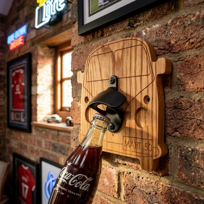 A wooden camper van car-shaped bottle opener wall mounted on a brick wall, with a glass Coca-Cola bottle being opened. Framed sports jerseys and neon signs are visible in the blurred background.