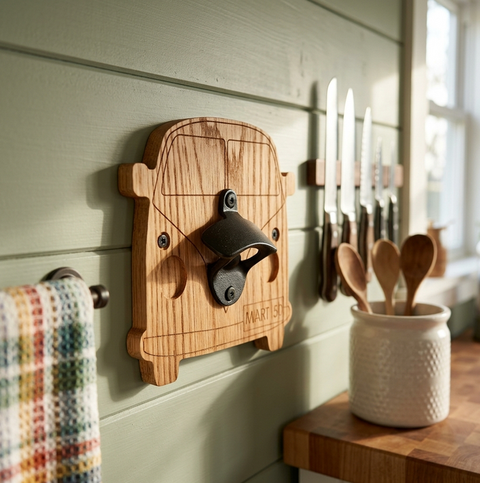 A wooden wall-mounted bottle opener shaped like a camper van car, installed on a sage green panelled kitchen wall. A towel hangs on the left, knives are displayed on a magnetic strip, and a ceramic jar of wooden spoons sits on a wooden counter in the foreground.