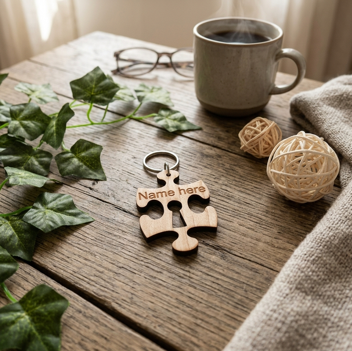 A personalised wooden puzzle-shaped keychain, displayed on a rustic wooden table alongside a grey ceramic coffee mug, eyeglasses, green ivy, and woven decorative balls.
