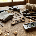 A wooden spanner-shaped tool keychain personalised with 'Mr Leek', styled on a rustic wooden workbench with tools including a hammer, pliers, a burlap pouch, twine, and a level.