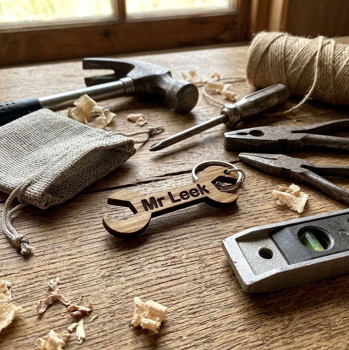 A wooden spanner-shaped tool keychain personalised with 'Mr Leek', styled on a rustic wooden workbench with tools including a hammer, pliers, a burlap pouch, twine, and a level.
