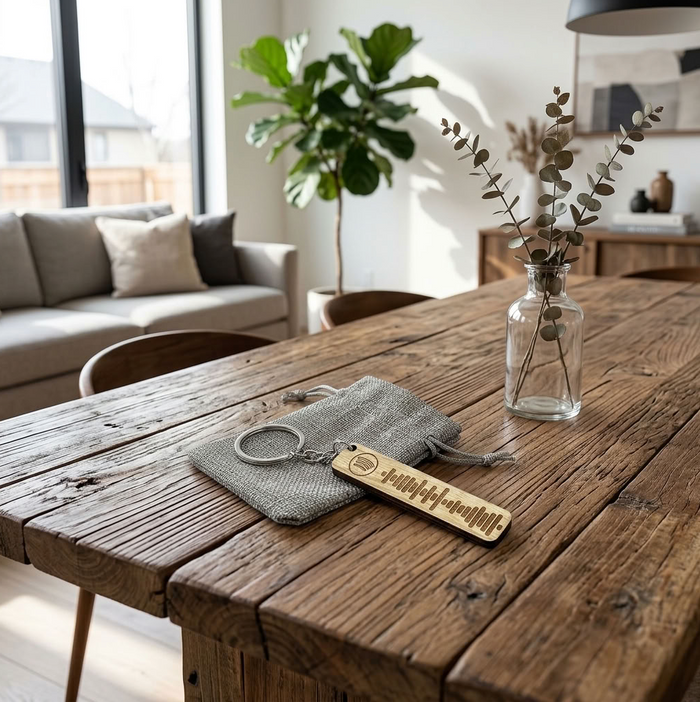 A rustic wooden table in a modern living room setting, featuring a small grey drawstring pouch with a wooden keychain engraved with a personalised Spotify code to scan and a clear glass bottle vase with dried eucalyptus stems.