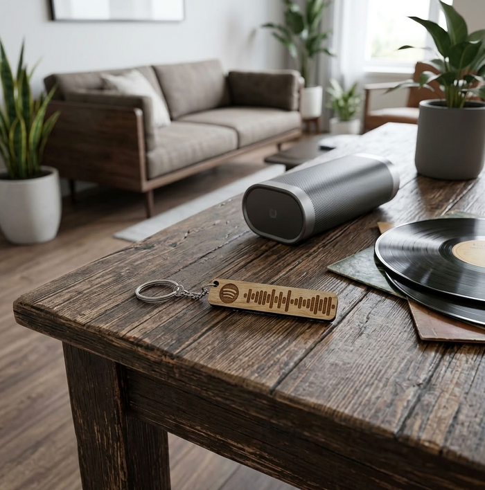 A cylindrical grey portable speaker and a wooden keychain with a laser-engraved Spotify logo and soundwave design, displayed on a rustic wooden table in a modern living room setting.