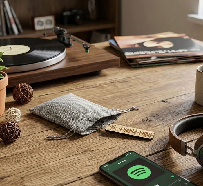 A personalised wooden keychain with a Spotify code, styled home scene on a rustic wooden table with a smartphone showing the Spotify app, over-ear headphones, a mug, plants, a record player, and vinyl records in a cozy room setting.