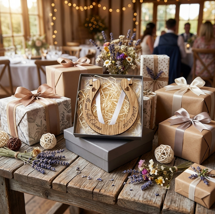 A wooden engraved lucky horseshoe keepsake with a white ribbon sits on a rustic wooden table surrounded by wrapped gift boxes, dried flowers, and string lights in the background, creating a wedding or celebration atmosphere. Engraved with name and date of wedding.