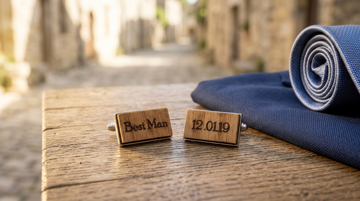 Two engraved wooden cufflinks displayed on a rustic wooden table next to a rolled navy blue tie. One cufflink is engraved with 'Best Man' and the other with the wedding date '12.01.19'
