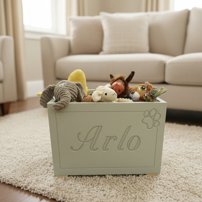 A wooden personalised toy box with the name 'Arlo' and various plush toys in a neutral decor home.