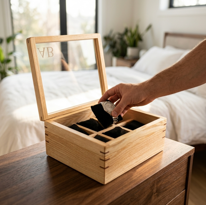 A wooden watch box with a clear lid engraved with initials and black watch cushion compartments, shown on a wooden table in a bedroom setting. A hand is placing a watch into the box.
