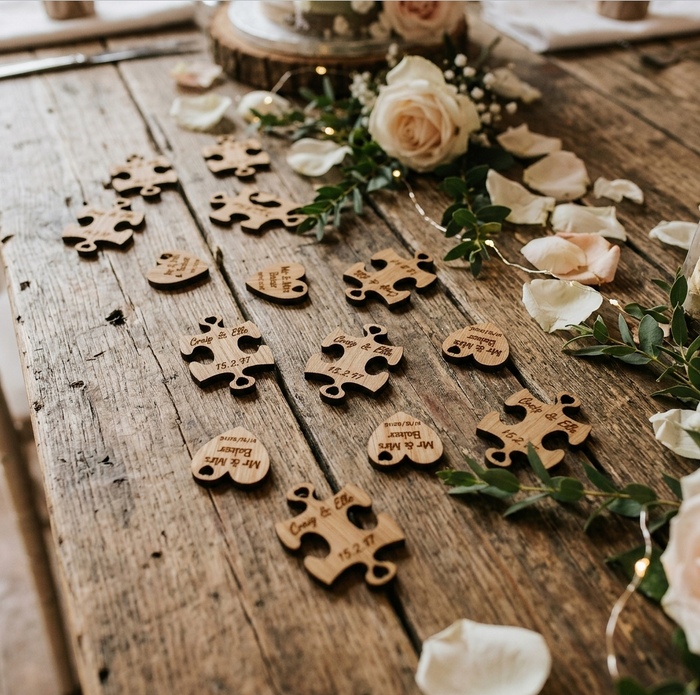 Wooden jigsaw puzzle and heart pieces engraved with names and date, arranged on a rustic wooden table with rose petals, greenery, and string lights.