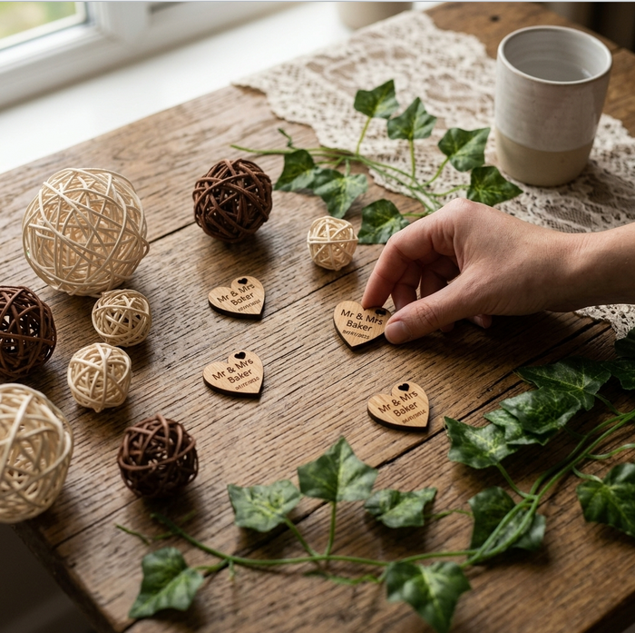 A hand is arranging small engraved wooden heart tags on a rustic wooden table, surrounded by woven decorative balls, green ivy, and a ceramic cup.
