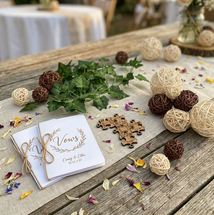 A styled wedding table display featuring a stack of white personalized 'Vows' cards tied with twine, personalised wooden puzzle pieces, woven beige and brown ball decorations, green leaves, and scattered flower petals on a rustic wooden table.