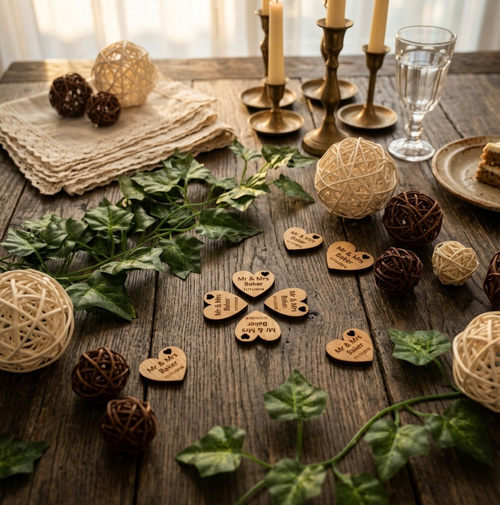 A styled tabletop scene with multiple small engraved wooden heart pieces arranged on a dark wood surface, surrounded by decorative wicker balls, green ivy, candles, a glass, and a plate. No person or animal is present, but this is not a clean isolated product shot; it is a real styled environment, so subject_type is Lifestyle.