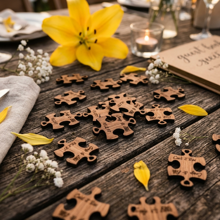 Personalised wooden jigsaw puzzle pieces engraved with names and wedding dates, arranged on a rustic dark wood table with yellow lilies, white baby's breath, and a candle.