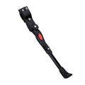 Black rear adjustable kickstand for mountain and road bikes, aluminum alloy with rubber foot, fits 24"-27" wheels
