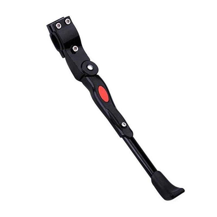Black rear adjustable kickstand for mountain and road bikes, aluminum alloy with rubber foot, fits 24"-27" wheels