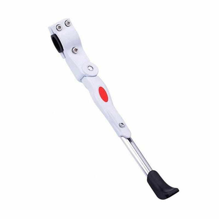 Rear adjustable kickstand for mountain and road bike in white with anodised aluminium and rubber foot