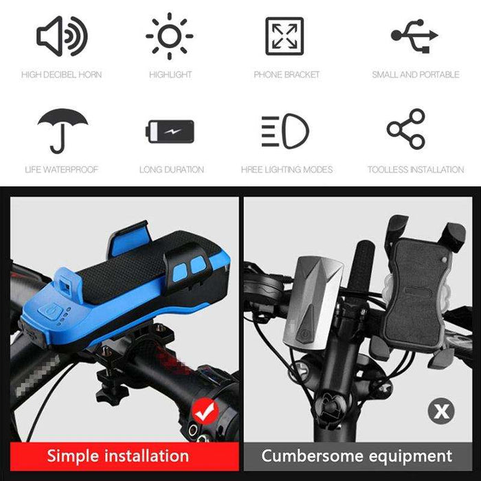 Rechargeable Bike Light With Horn & Holder - Black