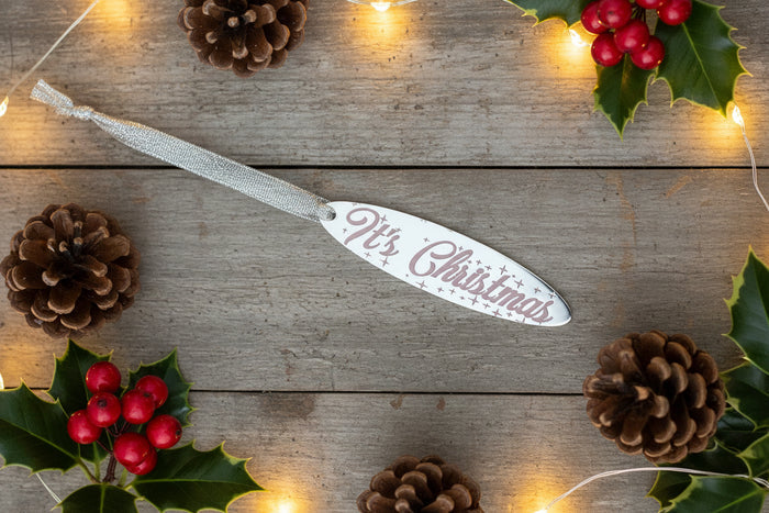 Silver mirror acrylic bauble ornament with 'It's Christmas' engraved