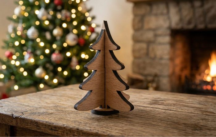 A small wooden Christmas tree ornament with dark edges stands on a rustic wooden table in a cozy living room setting, with a blurred Christmas tree and fireplace in the background.