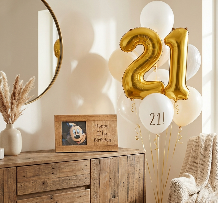 A personalised wooden photo frame to celebrate special occasions. A styled interior scene with a cluster of balloons including large metallic gold '21' balloons, white balloons, and one white balloon reading '21!'. A wooden cabinet, mirror, dried grass in a vase, and a knitted chair are visible in a warm room setting.