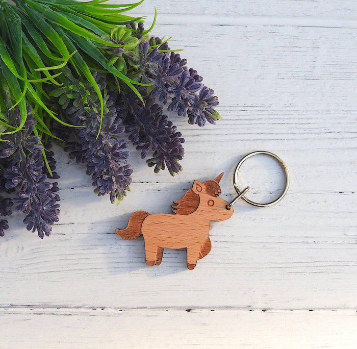Unicorn Keychain - Wood Fantasy Creature Keyring
