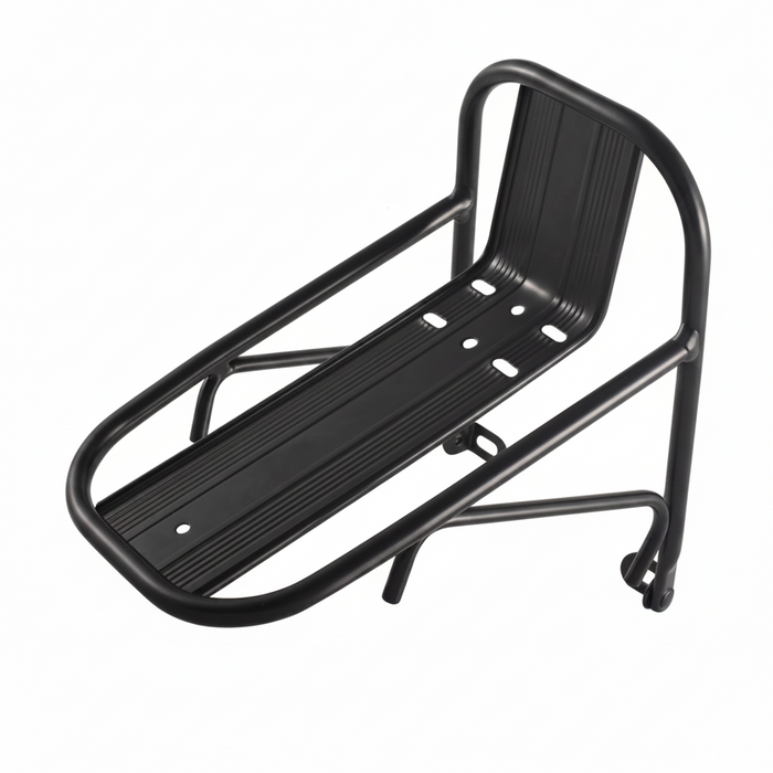Universal aluminium bicycle front rack with adjustable hose clamps for fork mount cargo carrying
