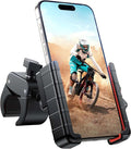 Black and red phone holder for bicycles and motorcycles with quick attachment and secure handlebar mount
