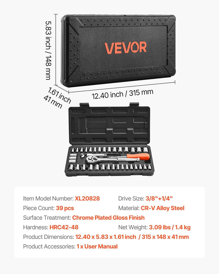 VEVOR 39 Pieces Socket and Ratchet Set with Storage Case