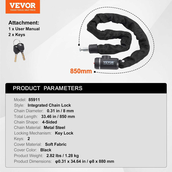 VEVOR Anti-Theft 2.79 Ft Heavy Duty Bike Chain Lock - 8mm - Black