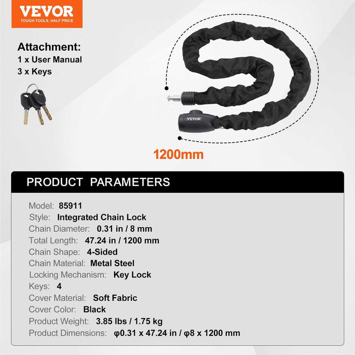 VEVOR Anti-Theft 3.94 Ft Heavy Duty Bike Chain Lock - 8mm - Black